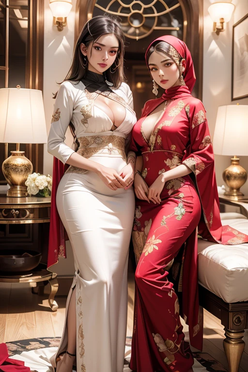 (((Full and soft breasts,)))(((Huge target chest))) (((Cleavage))) (Perfect curvy figure),(beautifull indonesian and her younger sister with very large breast, Luxurious head scarf with wearing details),(Clothing details), (Elegant Posture), Detailed house background, Detail luxury flooring, Detail vase, Luxury watch details, Detail of luxury staircase, Detail luxury lamp, beautifull face, Pretty Face, beautifull eyes, beautifull nose, Polishing nails, Ray Tracing, beautifull fingers, beautifull hands, (A hand has 4 fingers), White skin, Full body pictures, Beautiful makeup, blush, masterpiece, best quality:1.2),(8K,high resolution,RAW photos,Practical,photo-Practical:1.3),(Delicate skin texture,Detailed fabric texture,beautiful detailed face:1.25),Professional lighting,Photon Mapping,beautiful soft light,Radiosity,Physically Based Rendering,Model shooting style, Model shooting style, (Extremely detailed CG Unite 8K wallpaper), full shot body photo of the most beautiful artwork in the world, Complex 3D rendering with ultra-details, Looking at the audience, No.18, Real human skin, Vivid details, hyperPractical, beautiful, Octane Rendering, an extremely delicate and beautiful, Extremely detailed ,CG ,Unite ,wallpaper,Astonishing, Fine details,Official Art,Extremely detailed eyes, (Perfect face), Glowing skin, rich and colorful, The most detailed, Vibrant colors, 超high resolution, (High contrast), complex, lens flare