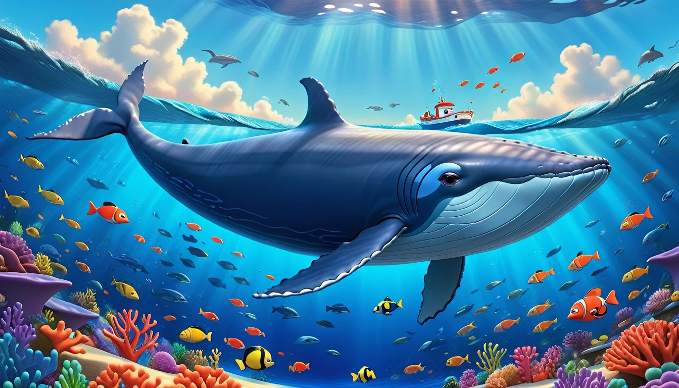 Create a 3-D Pixar style art scene for featuring a blue whale with a heart as big as a small car next to it. The scene should be colorful and vibrant, with an ocean background, coral reefs, and schools of fish. The overall mood should be engaging and inviting for young children.