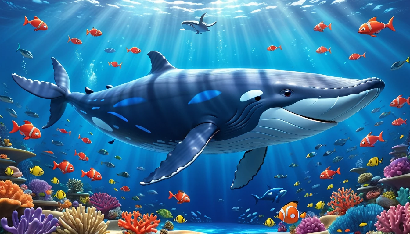 Create a 3-D Pixar style art scene for kids featuring a blue whale with a heart as big as a small car next to it. The scene should be colorful and vibrant, with an ocean background, coral reefs, and schools of fish. The overall mood should be engaging and inviting for young children.