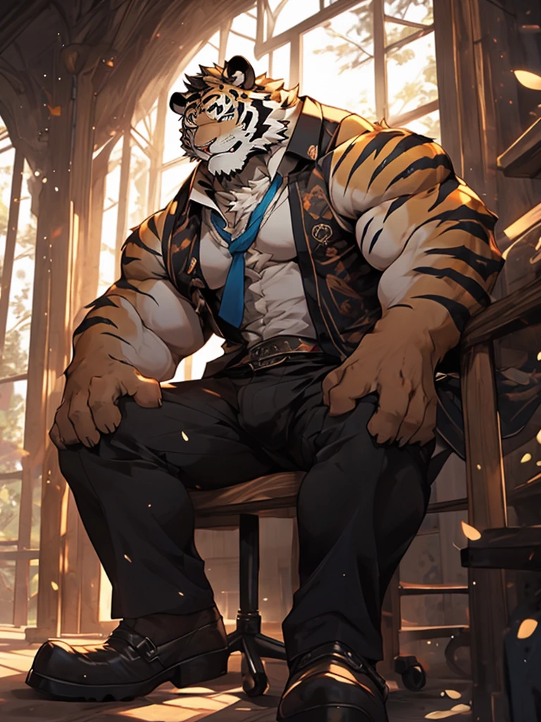 ((bara extremely handsome white tiger,)) ((white fur,)) white, wearing military like ornate trench coat, trousers, white dress shirt and necktie, white fluffy furry body and limbs, loafers, very tall, very broad shoulders, narrow waist, muscular arms, massive pecs, purple eyes, very long legs, sitting on swivel chair with legs spread, from below perspective, massive bulge, sophisticated hot look, sexy pose, full body, sunlight casting over, 3/4 view, best quality, high quality, silver earring on left ear, sultry smirk