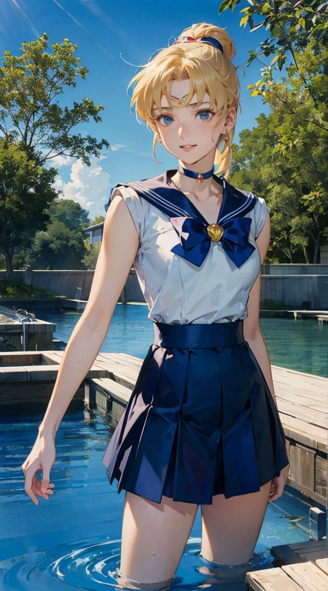Sailor Uranus in short skirt and bow tie standing in bathroom, Sailor Moon Style, Portrait of a female anime hero, portrait knights of zodiac girl, today's featured anime still, Official art, knights of zodiac girl, by Sailor Moon, portrait anime space cadet girl, anime still, official anime still, sailor moon aesthetic, Sailor Uniform, official anime artwork　((masterpiece)), (best quality), official art, extremely detailed CG, 
1girl, sailor moon, blue eyes, blonde hair, long hair, hair bun, jewelry, sailor senshi uniform, blue sailor collar, red choker, twintails, red bow, blue skirt, holding binoculars, outdoors, forest,  Realistic portrait of the protagonist of the anime Sailor Moon　(Super detailed,ultra high resolution,detailed background),((2D)),((flat color)),((colorful)),((floating colorful water)),1 girl,alone,looking at the viewer,break　girl, sweat, steam, medium breast, shy, detailed hand, shy, light smile, looking at viewer,