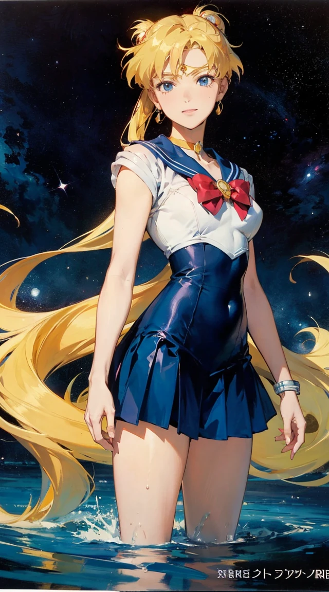 Sailor Uranus in short skirt and bow tie standing in bathroom, Sailor Moon Style, Portrait of a female anime hero, portrait knights of zodiac girl, today's featured anime still, Official art, knights of zodiac girl, by Sailor Moon, portrait anime space cadet girl, anime still, official anime still, sailor moon aesthetic, Sailor Uniform, official anime artwork　((masterpiece)), (best quality), official art, extremely detailed CG, 
1girl, sailor moon, blue eyes, blonde hair, long hair, hair bun, jewelry, sailor senshi uniform, blue sailor collar, red choker, twintails, red bow, blue skirt, holding binoculars, outdoors, forest,  Realistic portrait of the protagonist of the anime Sailor Moon　(Super detailed,ultra high resolution,detailed background),((2D)),((flat color)),((colorful)),((floating colorful water)),1 girl,alone,looking at the viewer,break　girl, sweat, steam, medium breast, shy, detailed hand, shy, light smile, looking at viewer,