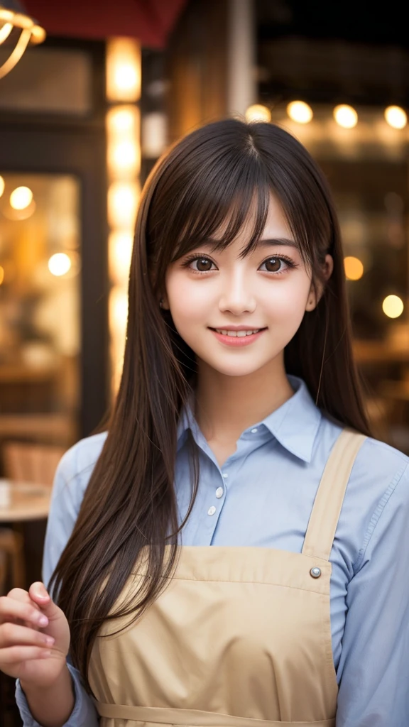 Cute girl working at a cafe terrace　Japanese　１９age　
Professional Lighting　Digital SLR　Beautiful and elaborate face　Perfect and beautiful face　Big eyes Smile