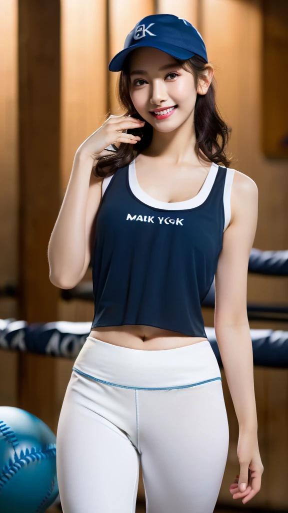 (best quality), ((8k, raw, masterpiece: 1.5)), ((professional photography, sharp: 1.2), ((half body photoshoot)), perfect dynamic composition, (natural sun light), (soft shadow), (1 girl), black medium curly hair, Ultra-detailed faces and skin, perfect Asian, gorgeous, White skin, (Delicate skin:1.4), (latex skin:0.4), (perfect glowing skin:0.3), (huge round breast: 1), light brown eyes, beautiful eyes, round eyes, pretty face, blush, glossy lips, plump lips, high nose bridge, glossy eyes, Really moist skin, (((huge smile))), looking at camera, (((wear dark blue tank top, white yoga pant, and blue baseball cap)))