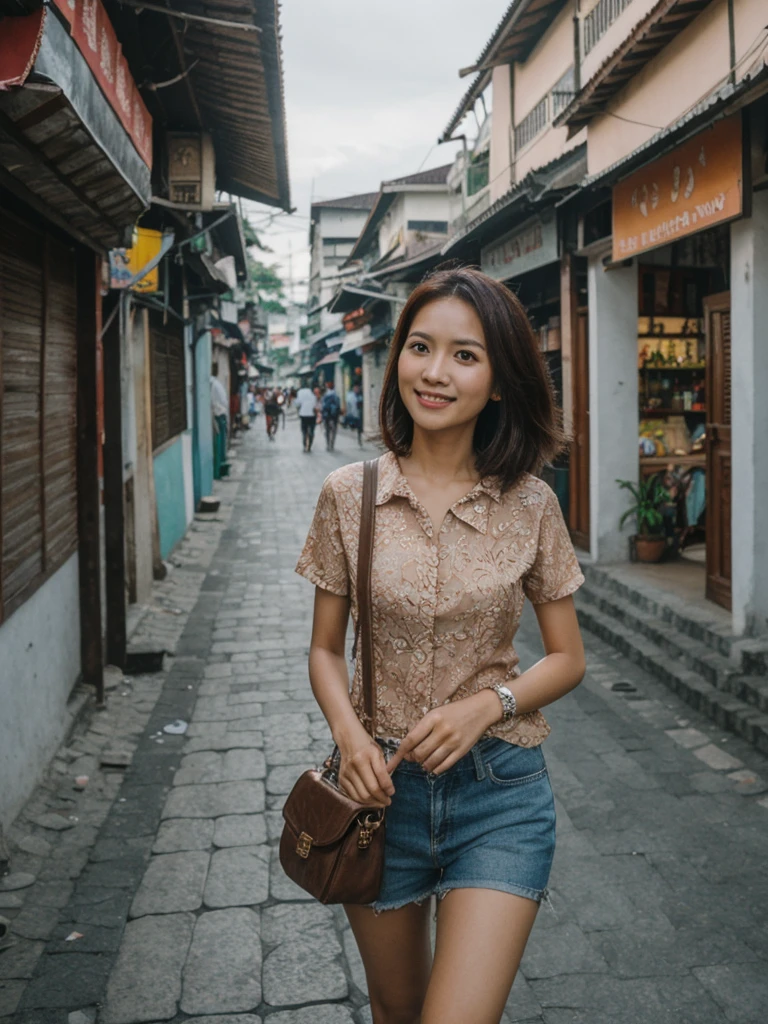 Mina, 1girl, solo, realistic, photorealistic, high quality picture, 8k, high resolution, detailed quality, film grain, natural photo, ultrarealistic, (((25-years-old))), ((detailed wrinkles in her face)), FILIPINA, (Background: Indonesian), (((SLIM))), ((THIN)), (Slender) (Auburn Short hair)), come hither look, fully clothed, Pose: walking, ((strolling along the streets of Indonesia)), Midnight, full shot