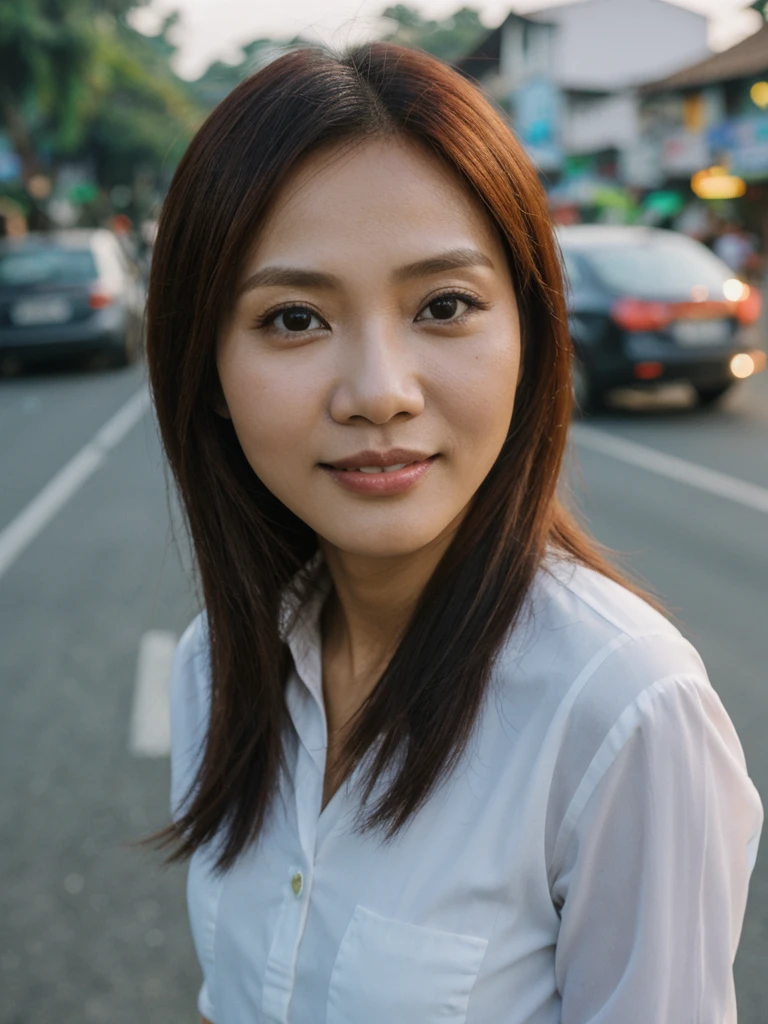 Mina, 1girl, solo, realistic, photorealistic, high quality picture, 8k, high resolution, detailed quality, film grain, natural photo, ultrarealistic, (((25-years-old))), ((detailed wrinkles in her face)), FILIPINA, (Background: Indonesian), (((SLIM))), ((THIN)), (Slender) (Auburn Short hair)), come hither look, fully clothed, Pose: walking, ((strolling along the streets of Indonesia)), Midnight, full shot