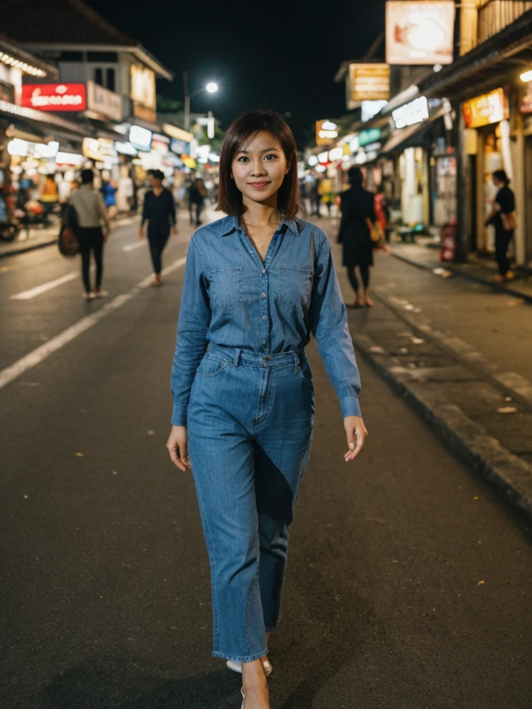 Mina, 1girl, solo, realistic, photorealistic, high quality picture, 8k, high resolution, detailed quality, film grain, natural photo, ultrarealistic, (((25-years-old))), ((detailed wrinkles in her face)), FILIPINA, (Background: Indonesian), (((SLIM))), ((THIN)), (Slender) (Auburn Short hair)), come hither look, fully clothed, Pose: walking, ((strolling along the streets of Indonesia)), Midnight, full shot