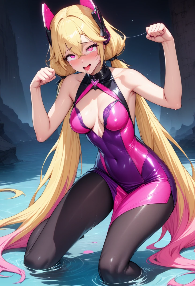 (masterpiece),(Highest quality),(Super detailed),(Best illustrations),(Best Shadow),(Absurd),(Detailed Background),(so beautiful), 16K, 8K,4K,(Best Shadow), (so beautiful)angelabalzac, angelabalzac outfit, One person, alone, curby, , very long hair, , Blonde, , fluorescent pink eyes, , heart-shaped pupils, , , Oculogyric crisis, low twintails, , Perfect figure, , paw pose, Arched back, , , orgasm, afterglow, erotic smile, , Star-shaped hair fastening, headgear, Open your mouth languidly, , , The controlled woman, Sexy posture, , , cross-eyed, rolling eyes, , water eyes, tears, , Put your chest close, , , saliva trail, , shiny skin, Infinite pleasures, Slave of Pleasure, flatter one's master, , torogao, ahegao, BREAK, Illegal drugs, Dramatic lighting, Psychedelic Background, Clear liquid, , night, , Hypnosis assignment, Torrent of Light, mysterious, spoken hearts,
