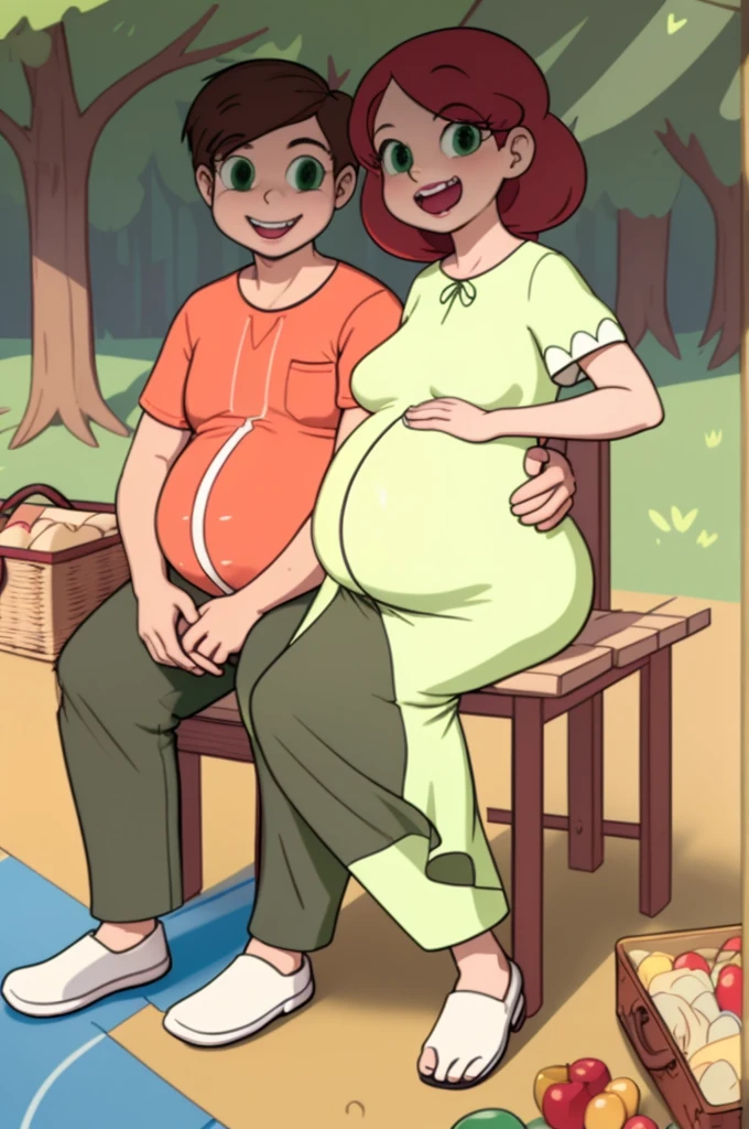 (masterpiece, best quality, high resolution:1.4), full body, 1girl, marcos mom, green eyes, green outfit, outdoors, sitting on a picnic, pregnant,  (smile, happy, full-face blush:1) 