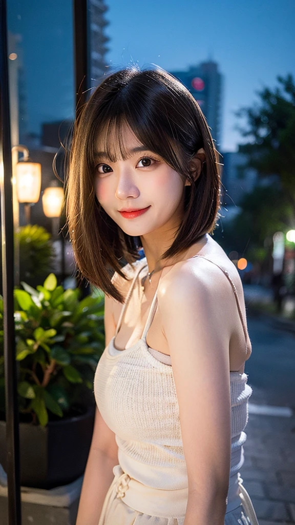 (top-quality,masterpiece:1.3,超A high resolution,),(Ultra-detail,Caustics),(Photorealsitic:1.4,RAW shooting,)Ultra-realistic capture,A highly detailed,High resolution 16K human skin closeup、 Skin texture is natural、、The skin looks healthy with an even tone、 Use natural light and color,1 girl,japanes,22year old,kawaii,Blonde Bob Cut,smil,,(depth of fields、chromatic abberation、Wide range of lighting、Natural Shading、)At night,In the downtown area,Show the whole body,Wearing a white camisole