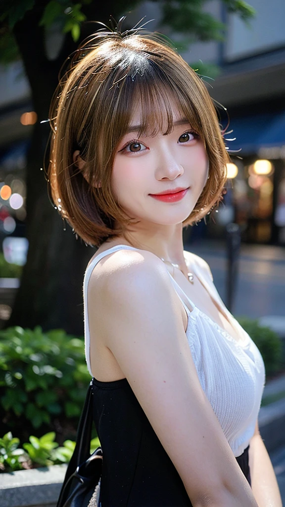 (top-quality,masterpiece:1.3,超A high resolution,),(Ultra-detail,Caustics),(Photorealsitic:1.4,RAW shooting,)Ultra-realistic capture,A highly detailed,High resolution 16K human skin closeup、 Skin texture is natural、、The skin looks healthy with an even tone、 Use natural light and color,1 girl,japanes,22year old,kawaii,Blonde Bob Cut,smil,,(depth of fields、chromatic abberation、Wide range of lighting、Natural Shading、)At night,In the downtown area,Show the whole body,Wearing a white camisole