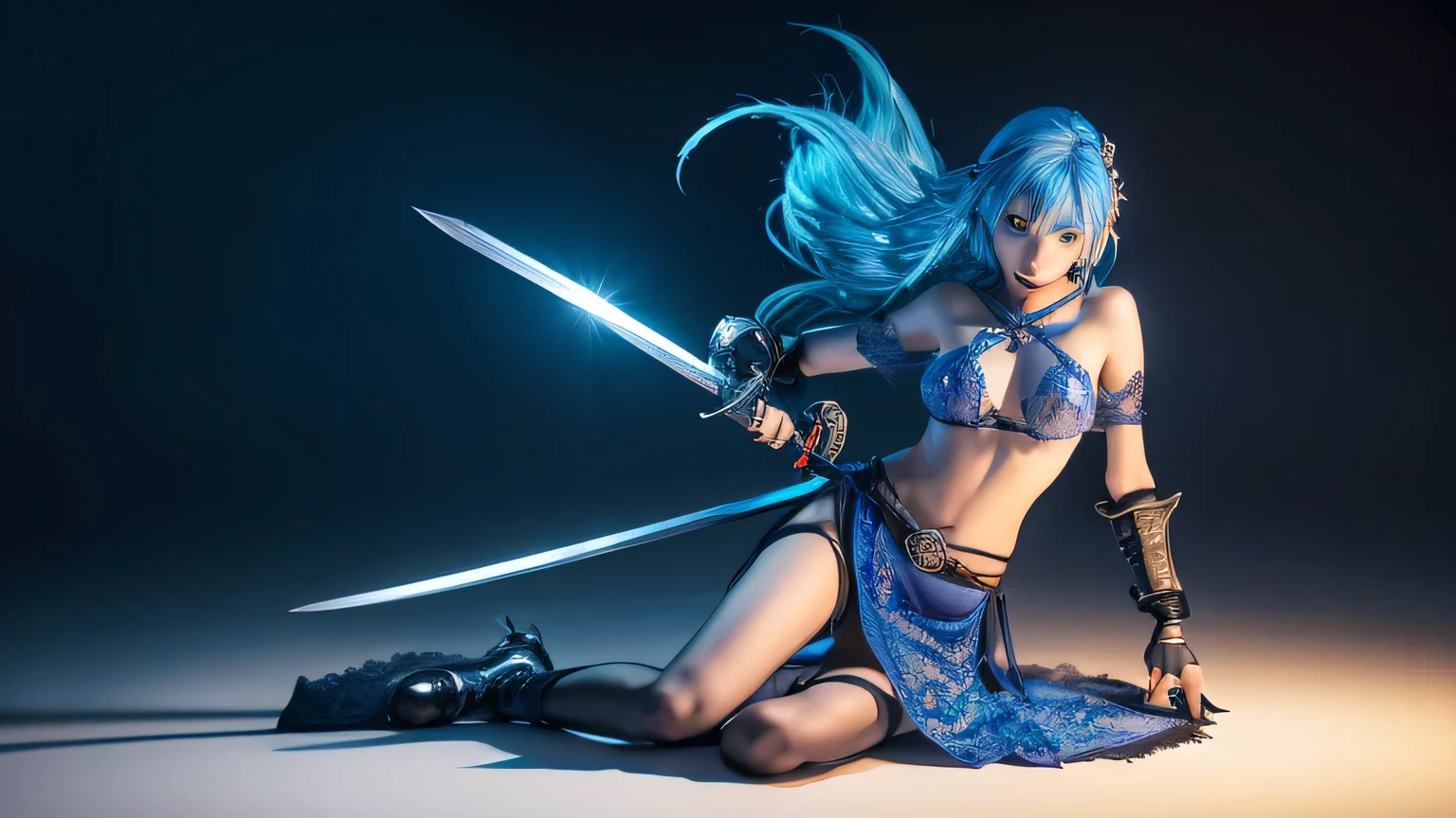 Super Fine、Complex 3D rendering，Presenting beautiful anime characters, Beautiful soft studio lighting, Rim Light, Vivid details,luxury, Lace, Surrealism, Blue Hair, A surreal medieval world showing off private parts, Holding a sword  