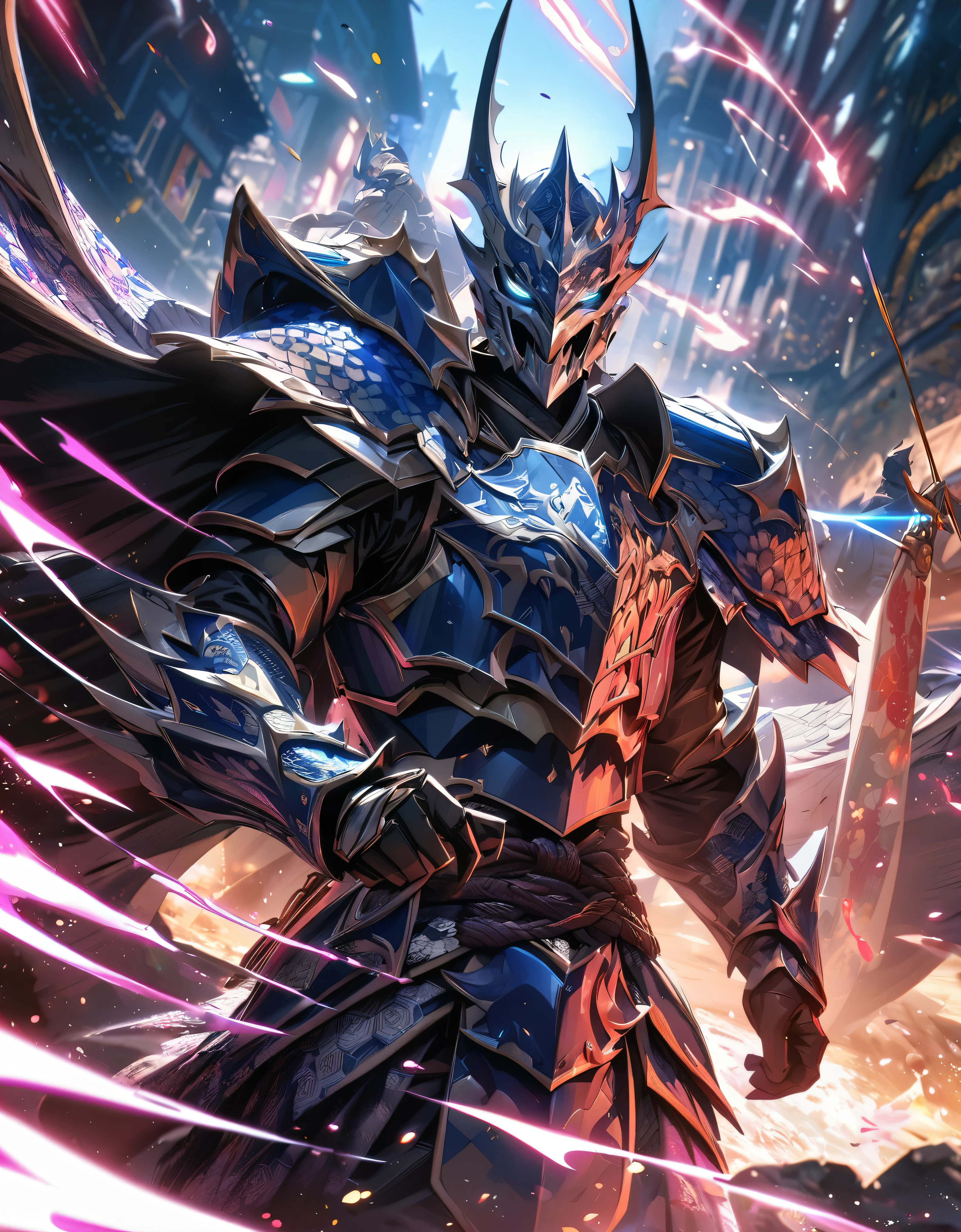 absurdres, highres, ultra detailed, HDR, masterpiece, extremely detailed face and eyes,Japanese knight,Epic wings,Blue and white Wyvern armor knight , Dragon knight mask, , Japanese batik pattern , solo, man, handsome, ,, , Epic fight scene, Magenta splashing effect, Glow effect,glowing glitters