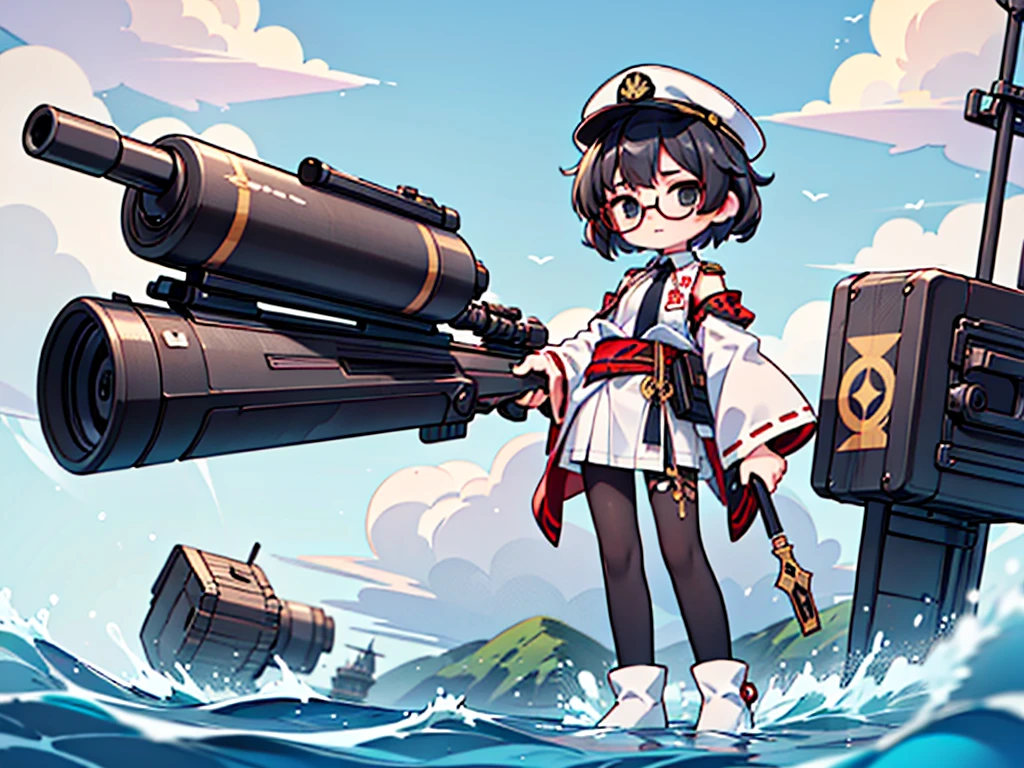 (((masterpiece, Vision))), ((((Full body of a woman with perfect flat chest、1 Female、solo、Short unkempt black hair、Tie your messy hair at the nape of your neck、white military jacket、Miko costume、black tights、Black glasses、White military cap、Cloudy black eyes、Confused eyes、Junyo-inspired emblem)))), (((Shipgirl))), ((Floating on the morning sea with both feet)), (Standing with your legs apart), (Hold the shotgun turret grip with your right hand), (Equipped with a large caliber turret with a mechanical arm extending from the waist), (Equipped with a turret on the back), (His left arm holds the grip of a triple machine gun), Shotgun shell in left arm, Bullet belt on thigh, Spreading the Machine's Wings, 2. Machine Tail, 背景に3Shipgirl,