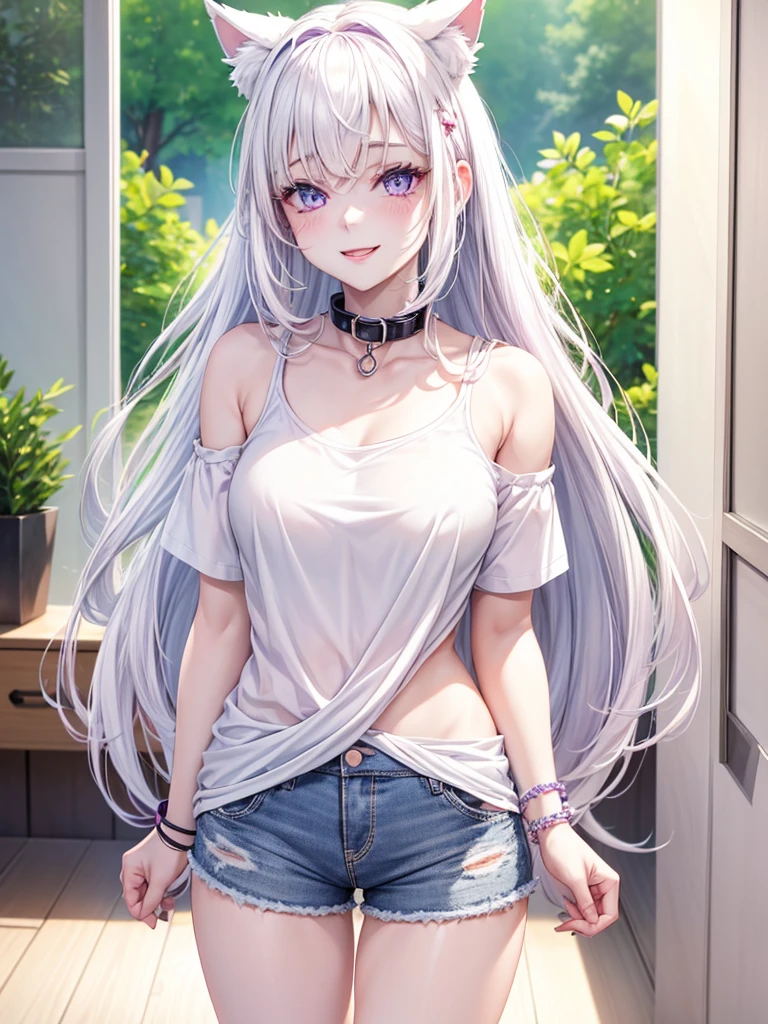 1 woman,beautiful white hair,beautiful purple eyes,Light pink blush,Light Red Lipstick,Facing the camera,Wearing a black T-shirt.,shorts,white skin,Put on a collar,White cat ears,smile a little,Standing in the bedroom in the morning,Put on a bracelet,(8K images),(Light and 4K)