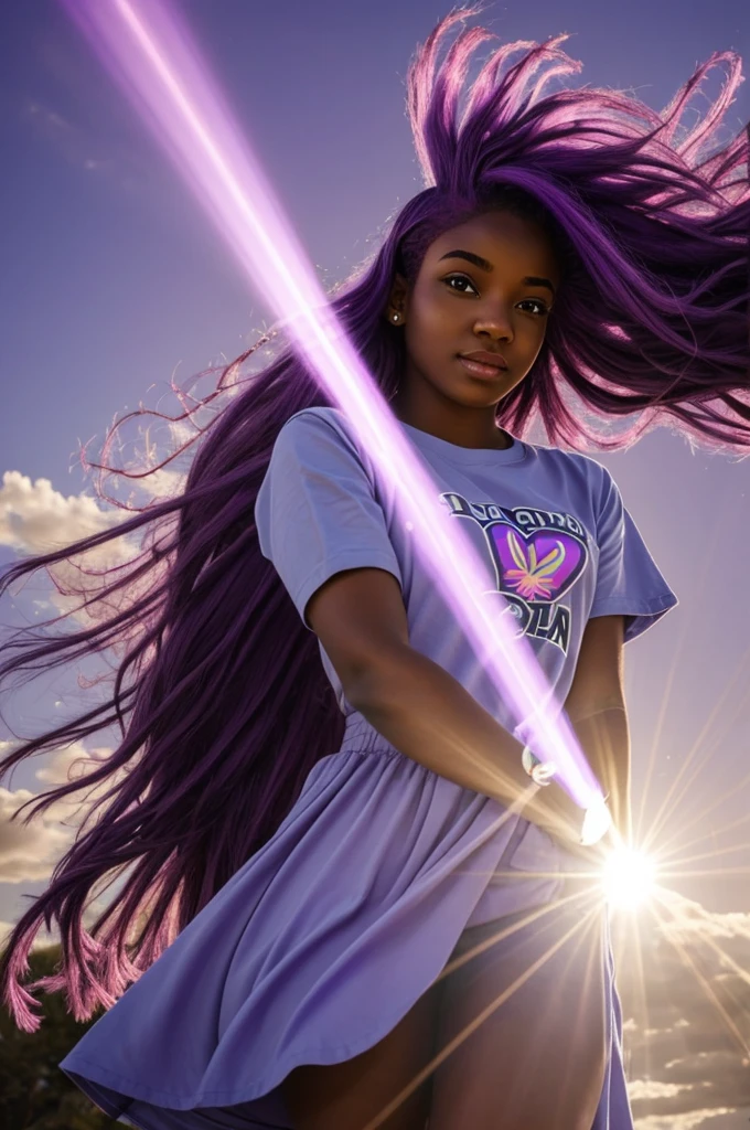 A beam of light lifting a brownskin angel girl with purple hair in the air