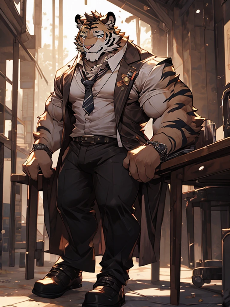 {{bara extremely handsome white tiger,}} {{white fur,}} white, wearing military like ornate trench coat, trousers, white dress shirt and necktie, white fluffy furry body and limbs, loafers, very tall, very broad shoulders, narrow waist, muscular arms, massive pecs, purple eyes, very long legs, sitting on swivel chair with legs spread, from below perspective, massive bulge, sophisticated hot look, sexy pose, full body, sunlight casting over, 3/4 view, best quality, high quality, silver earring on left ear, sultry smirk