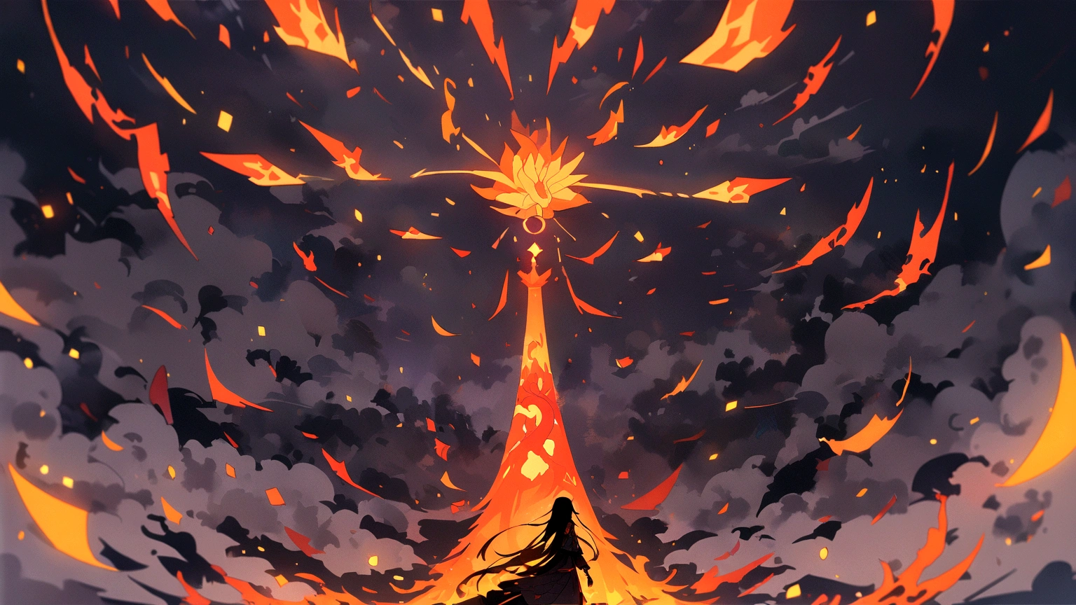 Black draft:1.4),(Girl riding a phoenix, Close your eyes, Colorful long hair, Oriental elements，Vision，Colored background，many flames，Strong sense of atmosphere，Orange is the main color)，(Chinese illustration:1.3，Paper art:1.3, Quilted Paper art:1.2),( Reasonable design, Clear lines, High sharpness,best quality, Very detailed, masterpiece, Lighting Effects, 4K )