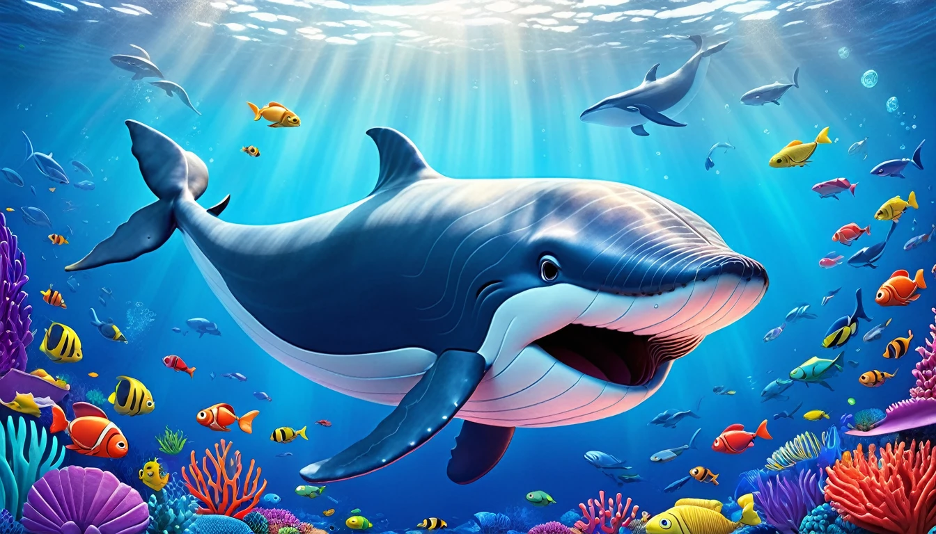 Create a 3-D Pixar style art scene for kids featuring a blue whale with a heart as big as a small car next to it. The scene should be colorful and vibrant, with an ocean background, coral reefs, and schools of fish. The overall mood should be engaging and inviting for young children.