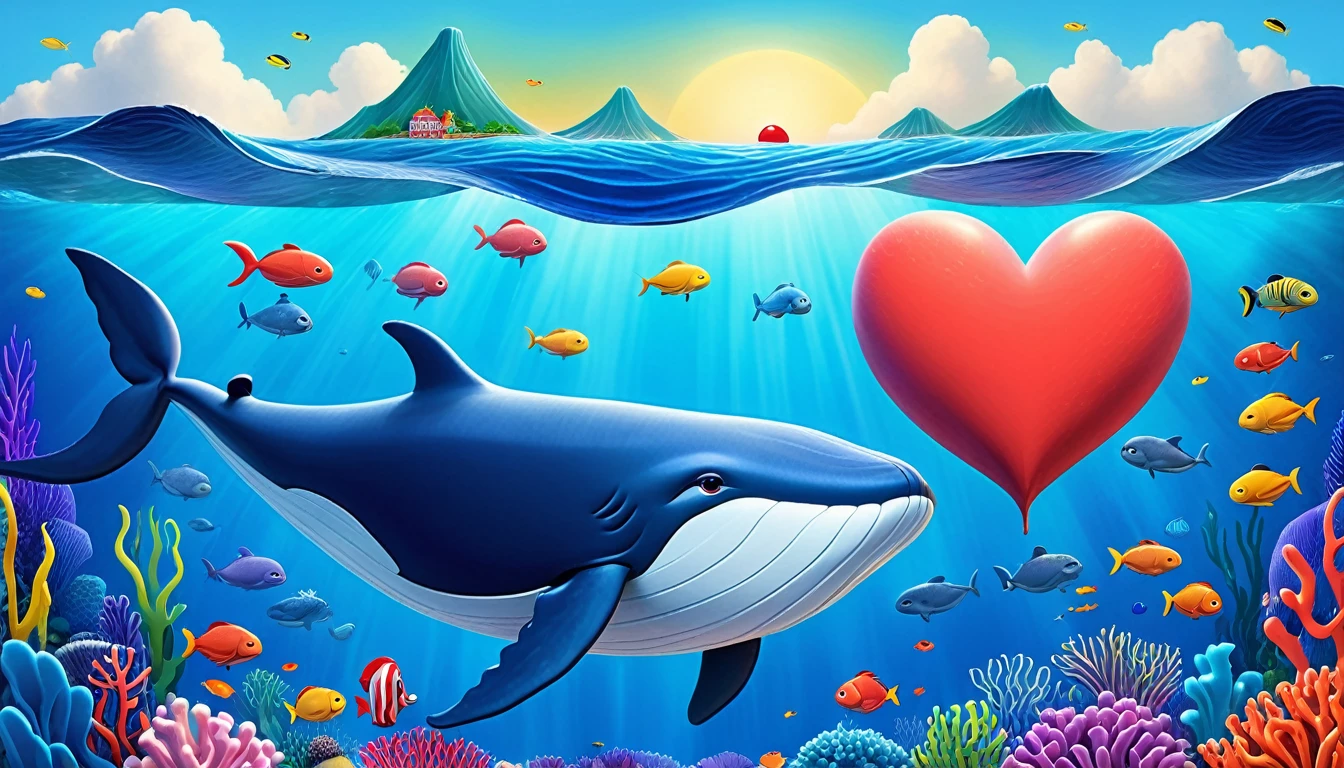 Create a 3-D Pixar style art scene for kids featuring a blue whale with a heart as big as a small car next to it. The scene should be colorful and vibrant, with an ocean background, coral reefs, and schools of fish. The overall mood should be engaging and inviting for young children.