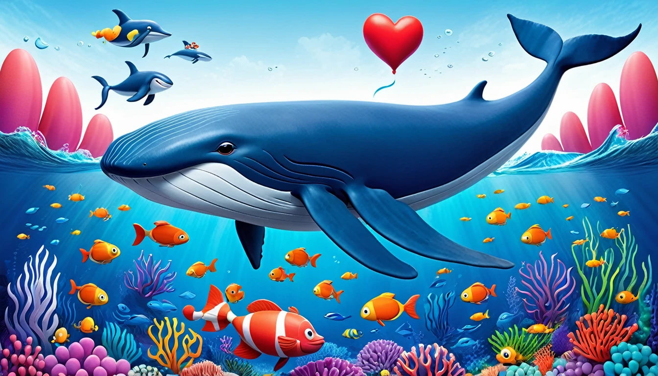 Create a 3-D Pixar style art scene for kids featuring a blue whale with a heart as big as a small car next to it. The scene should be colorful and vibrant, with an ocean background, coral reefs, and schools of fish. The overall mood should be engaging and inviting for young children.