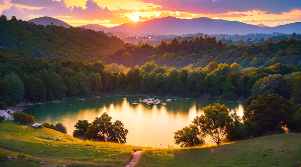 This prompt attempts to capture the essence of the described image, incorporating the key elements (lake, tents, campfires, mountains, forest, sunset sky), the colors (deep blue, golden yellow, violet, orange, rich green), the moods (serene, tranquil, peaceful, solitary), and the desired perspective and composition. Additionally, it suggests specific artistic techniques (high-contrast lighting, soft brushstrokes) to guide the generation process towards a visually appealing and emotionally resonant output.