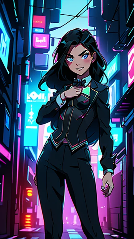 best quality,masterpiece,1girl,solo,(((13years old))),japanese boy,an extremely cute and handsome boy,highly detailed beautiful face and eyes,petit,cute face,lovely face,baby face,shy smile,show teeth, Black hair,Long hair,flat chest,skinny,slender,(((wearing a Zatanna costume))),(((standing in Dark Midnight Neon Glow light Cyberpunk metropolis city))),he is looking at the viewer, camisa