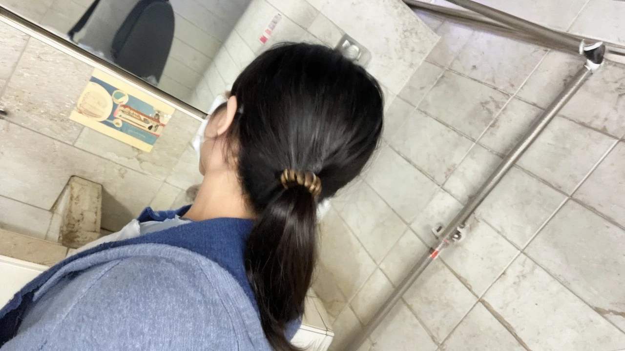 Japanese girl, 15, sexly, thin, full body picture, plump, 150cm tall, G cup breasts, 4 pictures, not wearing a bra Thin panties Wear rimless glasses Sit on the toilet with legs spread at the knees, facing straight.