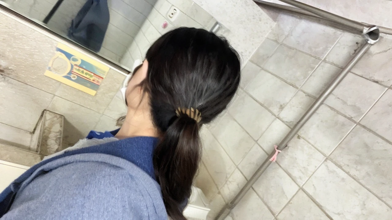 Japanese girl, , sexly, thin, full body picture, plump, 150cm tall, G cup breasts, 4 pictures, not wearing a bra Thin panties Wear rimless glasses Sit on the toilet with legs spread at the knees, facing straight.
