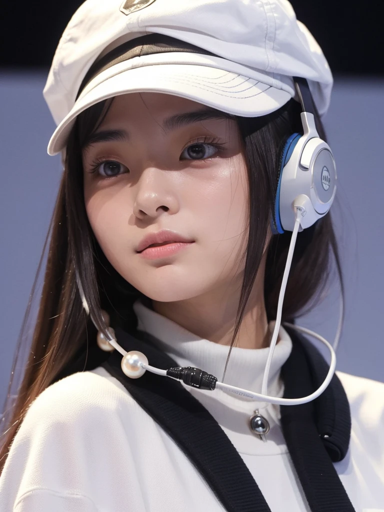 A handsome Japanese 20-year-old girl with a cap on her head ，headphones around her neck , half-length photo, facing the audience directly, symmetrical facial close-up, facing the audience head-on, wearing modern and stylish sportswear, art clothes, pearls, H. R. Giger, white background