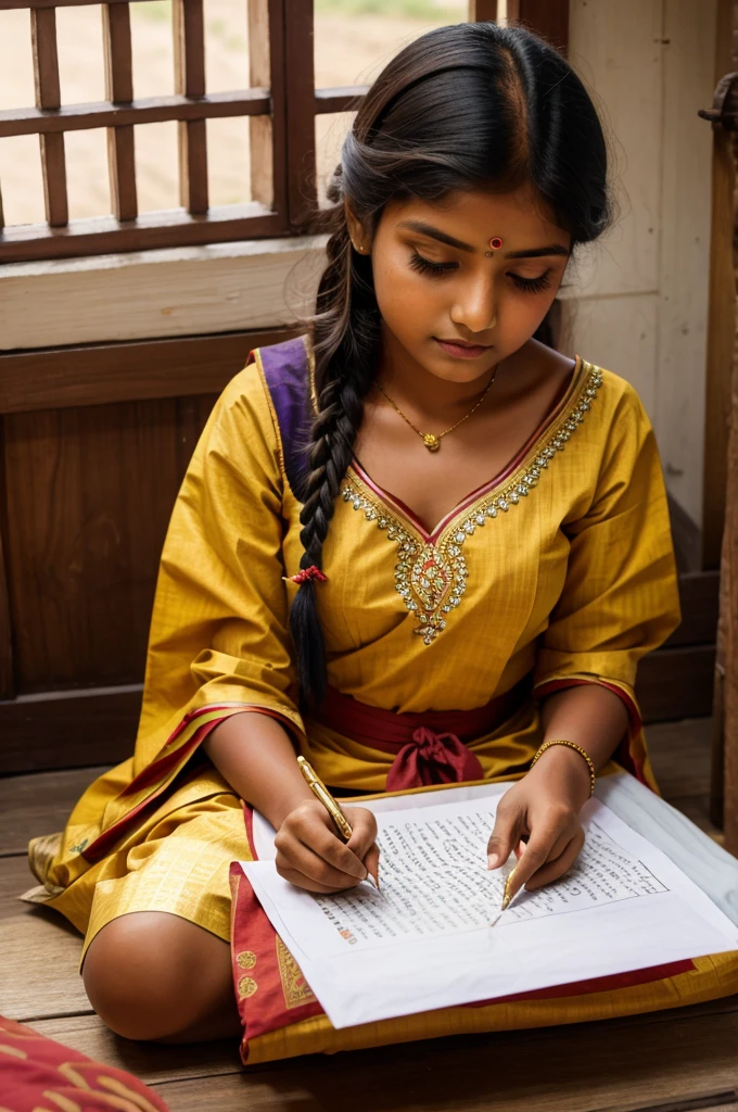 Indian girl, writing a letter, traditional outfits, 