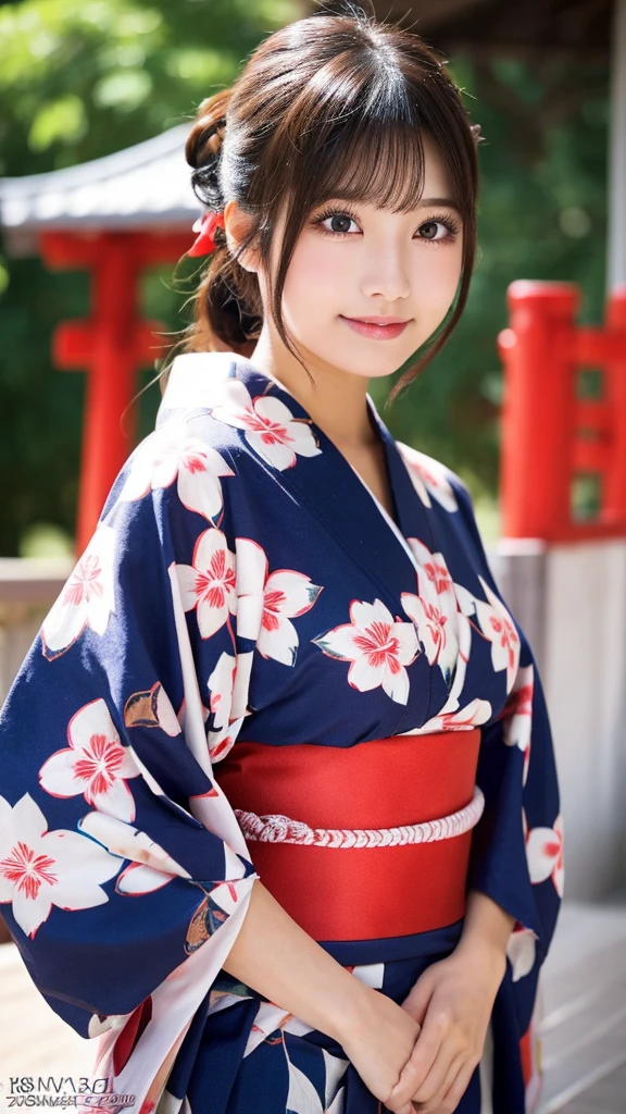 (8k、high resolution、High resolution、Fine details)Beautiful eyelashes、High resolutionの顔、Zoom out、18 years old、 Beautiful detailed eyes、Random cute hairstyles、c cup breasts、yukata、Summer festival、Japan、Standing posture、whole body