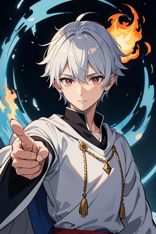 masterpiece, Highest quality, High resolution,Anime Style、Anatomically correct、Silver Hair、Short Hair、male、Wizard、White Robe、magic、A small blue ball of fire and a small red ball of fire、With an ancient castle in the background、Upper body only