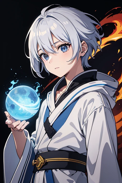 masterpiece, Highest quality, High resolution,Anime Style、Anatomically correct、Silver Hair、Short Hair、male、Wizard、White Robe、magic、A small blue ball of fire and a small red ball of fire、With an ancient castle in the background、Upper body only
