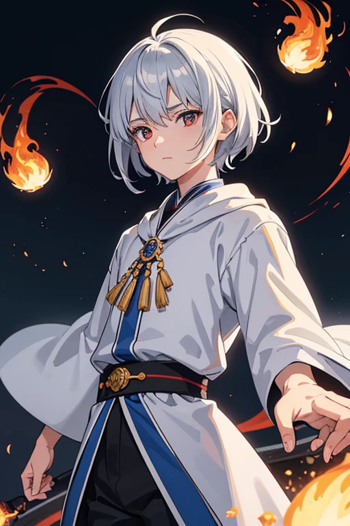 masterpiece, Highest quality, High resolution,Anime Style、Anatomically correct、Silver Hair、Short Hair、male、Wizard、White Robe、magic、A small blue ball of fire and a small red ball of fire、With an ancient castle in the background、Upper body only