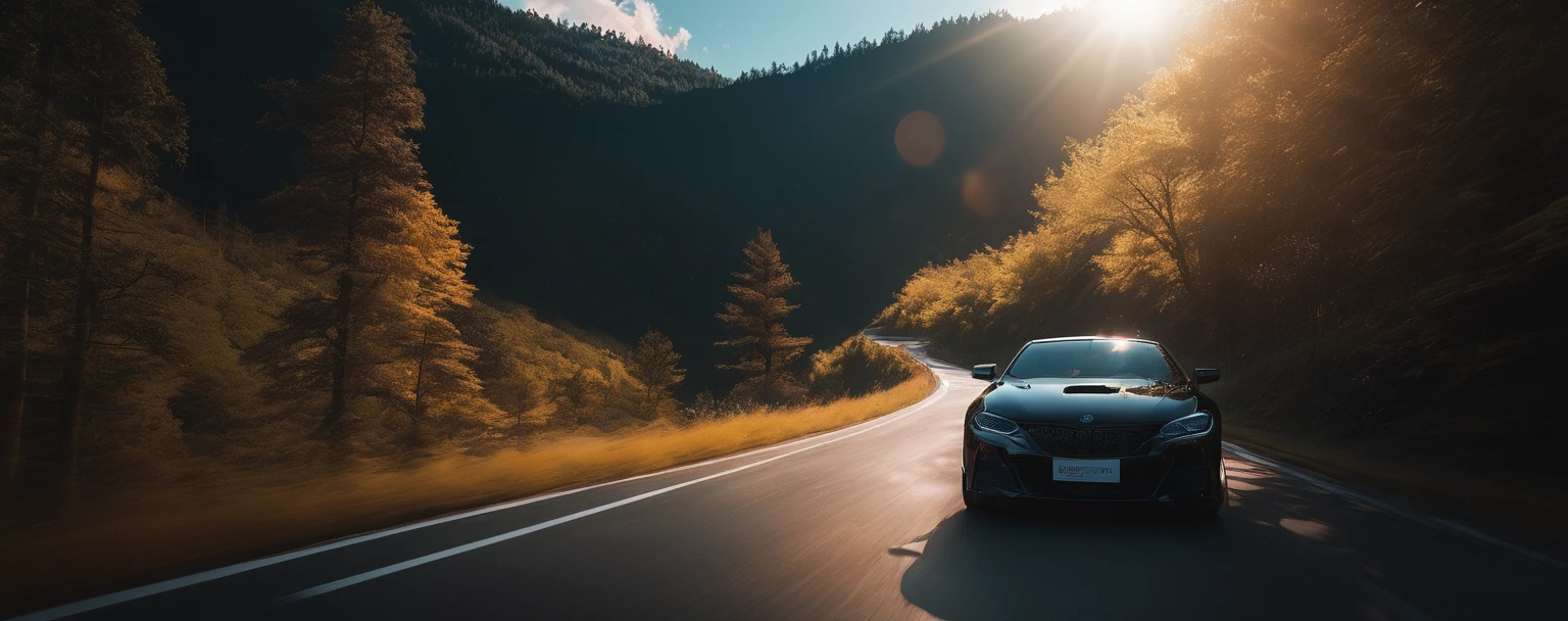 A black car,Driving on the road,detail强化,blur background/Bokeh,Bright with natural light,Ray Tracing,Sky,红色晚霞Sky背景,forest,Hill in the distance,Highly detailed environments,Low depth of field,HD,detail,8K,lens flare,Sunlight,
