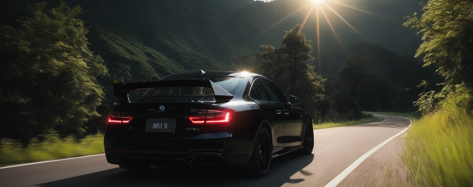 A black car,Driving on the road,detail强化,blur background/Bokeh,Bright with natural light,Ray Tracing,Sky,红色晚霞Sky背景,forest,Hill in the distance,Highly detailed environments,Low depth of field,HD,detail,8K,lens flare,Sunlight,