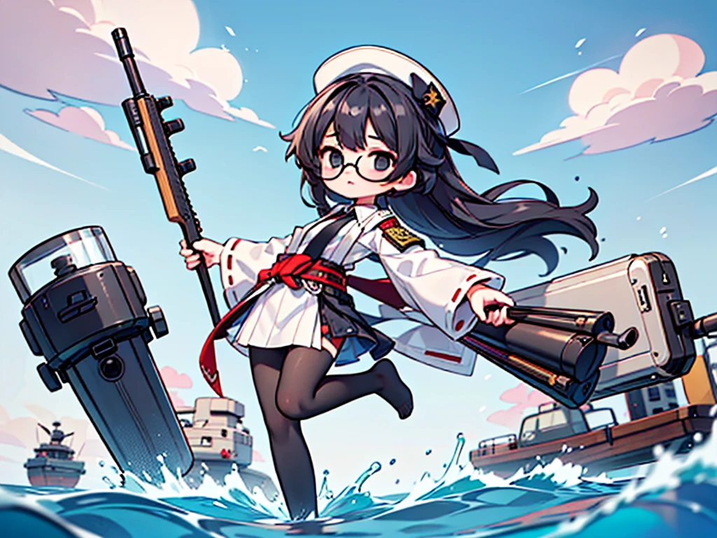 (((masterpiece, Vision))), ((((Full body of a woman with perfect flat chest、1 Female、solo、Short unkempt black hair、Tie your messy hair at the nape of your neck、white military jacket、Miko costume、black tights、Black glasses、White military cap、Cloudy black eyes、Confused eyes、Junyo-inspired emblem)))), (((Shipgirl))), ((Floating on the morning sea with both feet)), (Standing with your legs apart), (Hold the shotgun turret grip with your right hand), (Equipped with a large caliber turret with a mechanical arm extending from the waist), (Equipped with a turret on the back), (His left arm holds the grip of a triple machine gun), Shotgun shell in left arm, Bullet belt on thigh, Spreading the Machine's Wings, 2. Machine Tail, 背景に3Shipgirl,