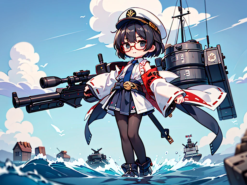 (((masterpiece, Vision))), ((((Full body of a woman with perfect flat chest、1 Female、solo、Short unkempt black hair、Tie your messy hair at the nape of your neck、white military jacket、Miko costume、black tights、Black glasses、White military cap、Cloudy black eyes、Confused eyes、Junyo-inspired emblem)))), (((Shipgirl))), ((Floating on the morning sea with both feet)), (Standing with your legs apart), (Hold the shotgun turret grip with your right hand), (Equipped with a large caliber turret with a mechanical arm extending from the waist), (Equipped with a turret on the back), (His left arm holds the grip of a triple machine gun), Shotgun shell in left arm, Bullet belt on thigh, Spreading the Machine&#39;s Wings, 2. Machine Tail, 背景に3Shipgirl, 