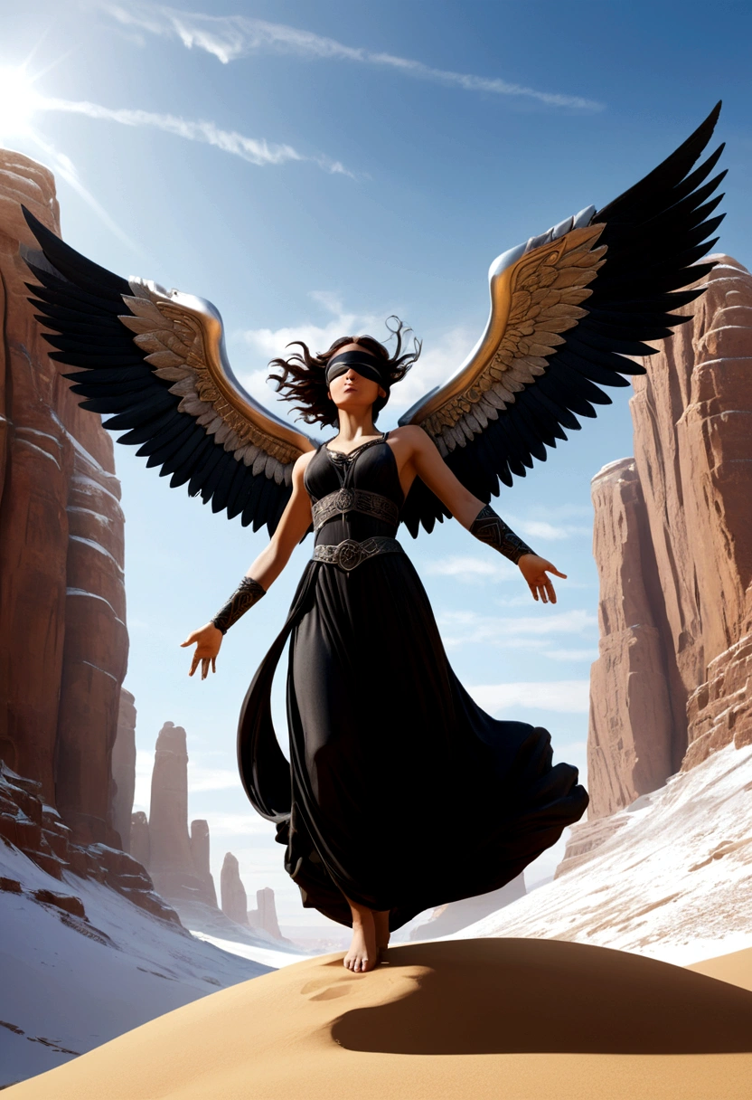 image style levitating suspended in the CEU in the air: low angle shot: the camera is at ease to a guardian angel movie scene This image shows a frozen desert environment guardian angel figure with black wings wearing a black blindfold over his eyes, symbolizing blindness or impartiality. On the one hand, she holds an ancient scales of justice and, For another, a sword, reinforcing the iconography of Justice