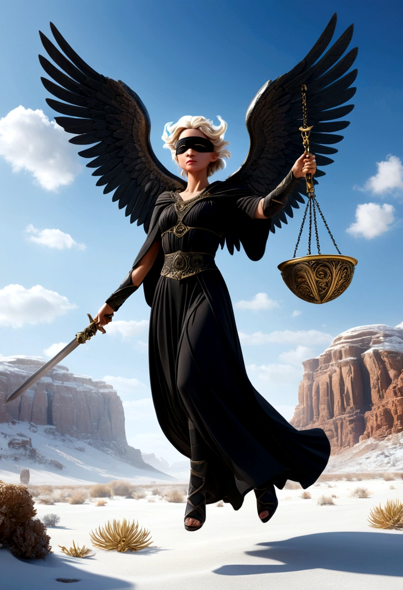 image style levitating suspended in the CEU in the air: low angle shot: the camera is at ease to a guardian angel movie scene This image shows a frozen desert environment guardian angel figure with black wings wearing a black blindfold over his eyes, symbolizing blindness or impartiality. On the one hand, she holds an ancient scales of justice and, For another, a sword, reinforcing the iconography of Justice