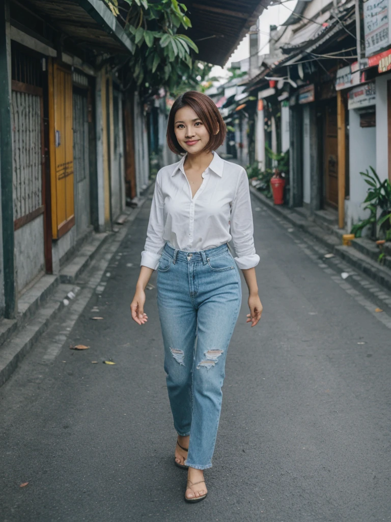 Mina, 1girl, solo, realistic, photorealistic, high quality picture, 8k, high resolution, detailed quality, film grain, natural photo, ultrarealistic, (((25-years-old))), ((detailed wrinkles in her face)), FILIPINA, (Background: Indonesian), (((SLIM))), ((THIN)), (Slender) (Auburn Short hair)), come hither look, fully clothed, Pose: walking, ((strolling along the streets of Indonesia)), Midnight, full shot