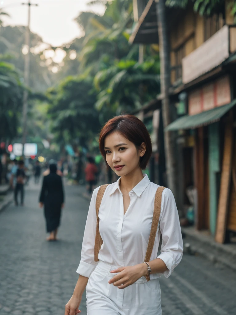 Mina, 1girl, solo, realistic, photorealistic, high quality picture, 8k, high resolution, detailed quality, film grain, natural photo, ultrarealistic, (((25-years-old))), ((detailed wrinkles in her face)), FILIPINA, (Background: Indonesian), (((SLIM))), ((THIN)), (Slender) (Auburn Short hair)), come hither look, fully clothed, Pose: walking, ((strolling along the streets of Indonesia)), Midnight, full shot