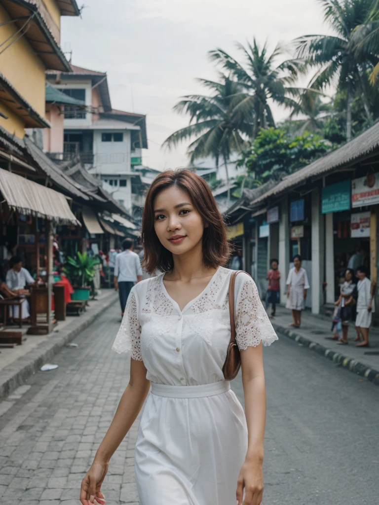 Mina, 1girl, solo, realistic, photorealistic, high quality picture, 8k, high resolution, detailed quality, film grain, natural photo, ultrarealistic, (((25-years-old))), ((detailed wrinkles in her face)), FILIPINA, (Background: Indonesian), (((SLIM))), ((THIN)), (Slender) (Auburn Short hair)), come hither look, fully clothed, Pose: walking, ((strolling along the streets of Indonesia)), Midnight, full shot