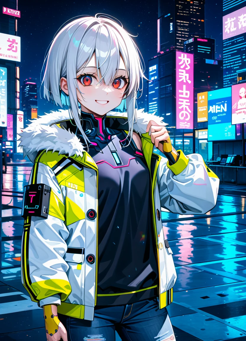 1girl, 15 years old, slim, small breasts, white hair, hairs between eyes, shoulder length hair, pale skin, bright red eye:1.3, white duffle coat and long-sleeve black sweater, open jacket, jeans, gold pocket watches hanging from the neck, BREAK kawaii, smile, cowboy shot, pose, (cyberpunk:1.3), city, neon light, (light particle:1.3), BREAK smooth skin, cinematic lighting, volumetric shadow, BREAK source_anime, score_9, score_8_up, score_7_up, (masterpiece:1.2), (best quality:1.2), (very aesthetic:1.2), (absurdres:1.2), (detailed background), newest, (intricate:1.2), ai-generated, BREAK