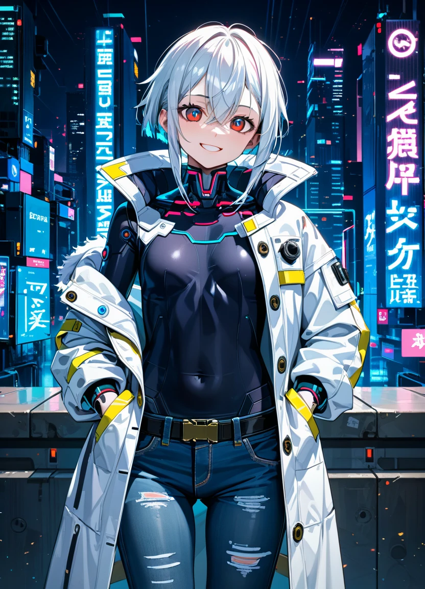 1girl, 15 years old, slim, small breasts, white hair, hairs between eyes, shoulder length hair, pale skin, bright red eye:1.3, white duffle coat and long-sleeve black sweater, open jacket, jeans, gold pocket watches hanging from the neck, BREAK kawaii, smile, cowboy shot, pose, (cyberpunk night city:1.3), neon light, (light particle:1.3), BREAK smooth skin, cinematic lighting, volumetric shadow, BREAK score_9, score_8_up, score_7_up, (masterpiece:1.2), (best quality:1.2), (very aesthetic:1.2), (absurdres:1.2), (detailed background), newest, (intricate:1.2), ai-generated, BREAK