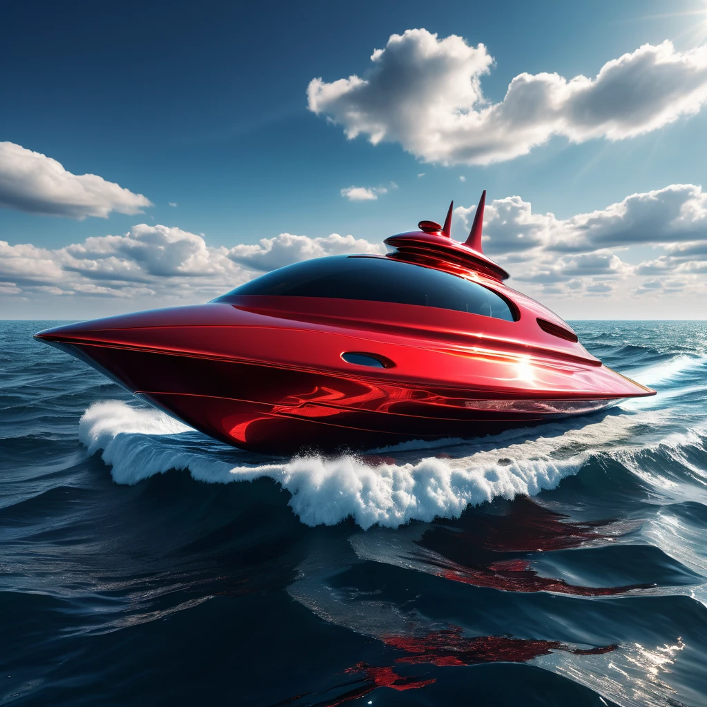 A photorealistic image of a sea made entirely of [digital Crypto icon], with waves and ripples. In the center, a [metal red luxurious futuristic alien boat] floats. The sky above is clear with a few scattered clouds, casting a serene light over the [Crypto icon] sea, creating a surreal and stunning landscape. The scene captures the vastness of the sea and the isolation of the [metal red luxurious futuristic alien boat]