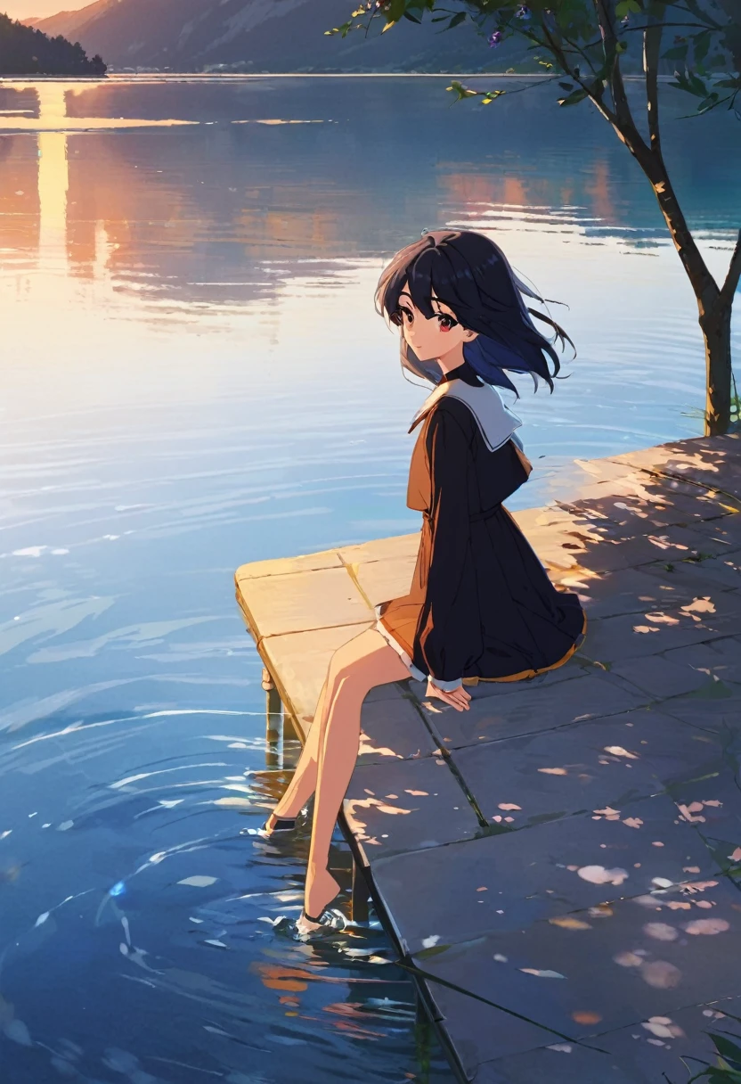 anime、Girl、Lakeside、Highest quality、masterpiece、aesthetic、