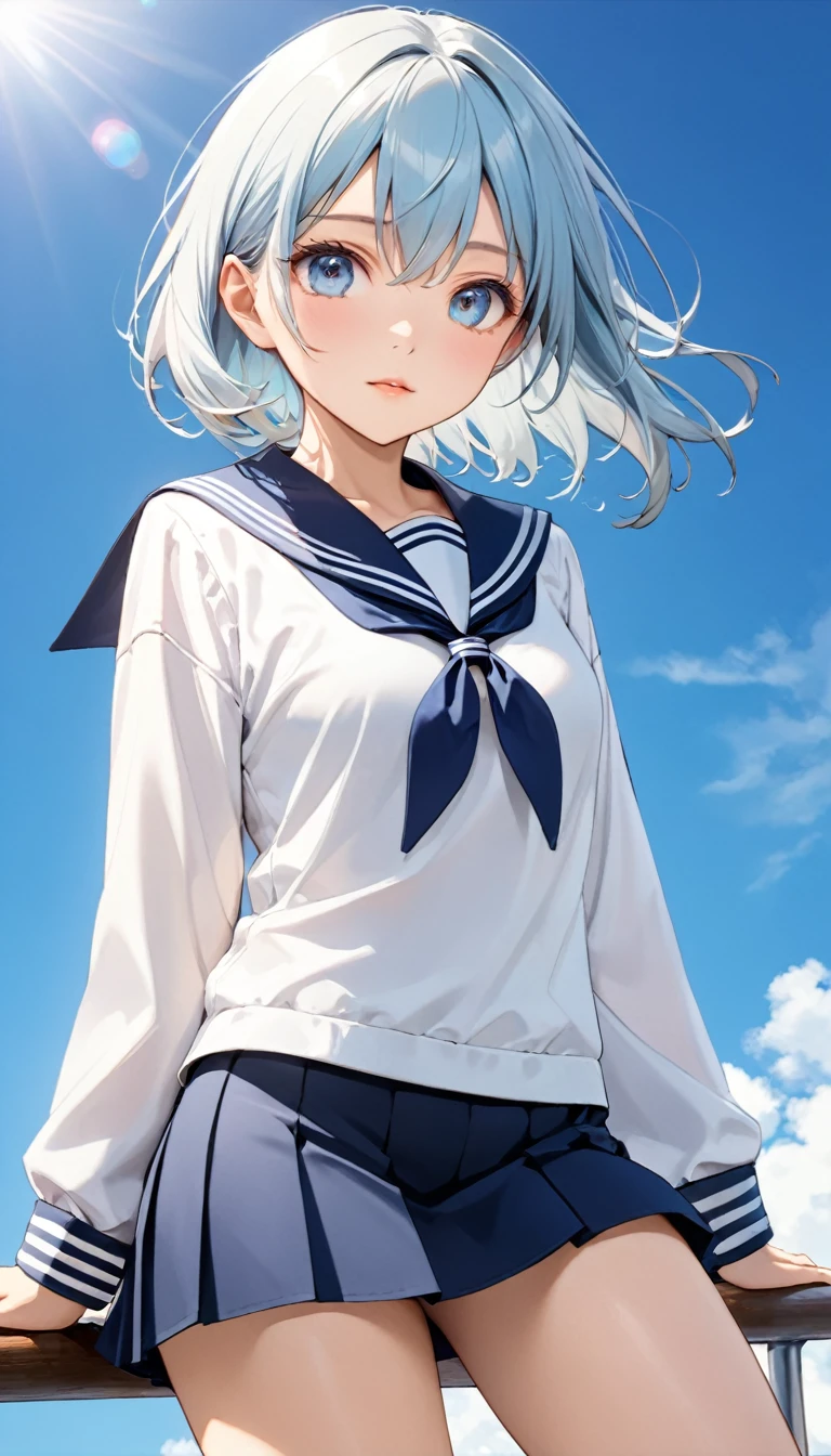 Highest quality,Highest quality,16K,Unbelievably absurd,Very delicate,2.5d,delicate and dynamic,blue sky,Small face,Very delicateな表情,Delicate eye depiction,Upper body close-up,Only sexy women,Healthy woman,-yeld fee,Sailor suit,Height: 160cm,Light blue bob hair,Sexy long legs,mini skirt