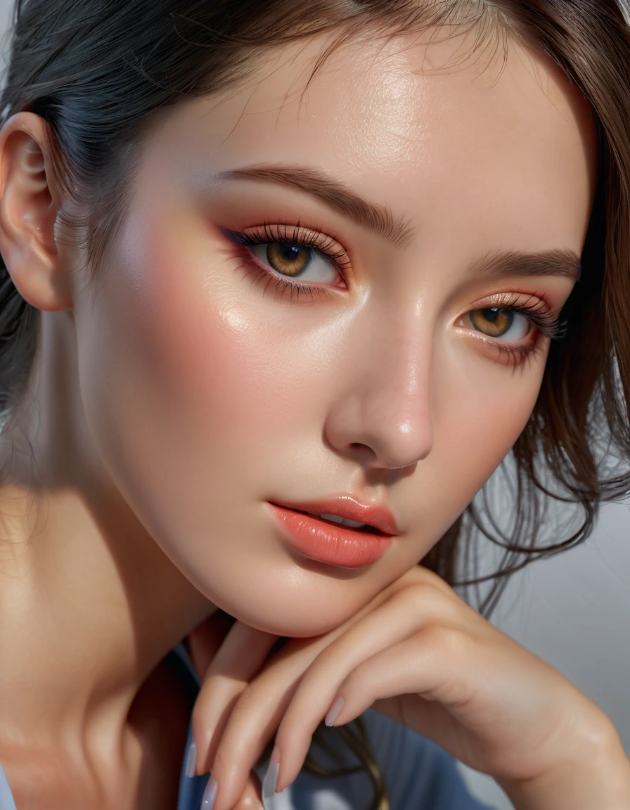 (Ultra high resolution absurd detailed quality):(the most absurdres quality eyes), ((absurd quality natural beautiful cute sharp face), ultra insanel details:1.1), (light pale complexion), ((clear no blur and sharp perfect round realistic brown_eyes:1.2), ultra insanel details:1.15), (finaly detailed round pupils:1.4), detailed lips:1.3, (long_blue_eyeliner), (pink_lipstick:1.15), ((perfect dark_eyeshadows)), (Detailed nose:1.2), perfect composition, (pale skin), ((dry skin)),